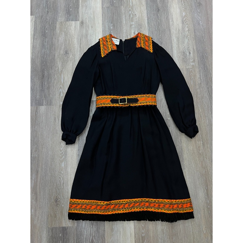 Vintage 1960's Oscar de la Renta Womens Black Orange Frilled Dress w/ Belt